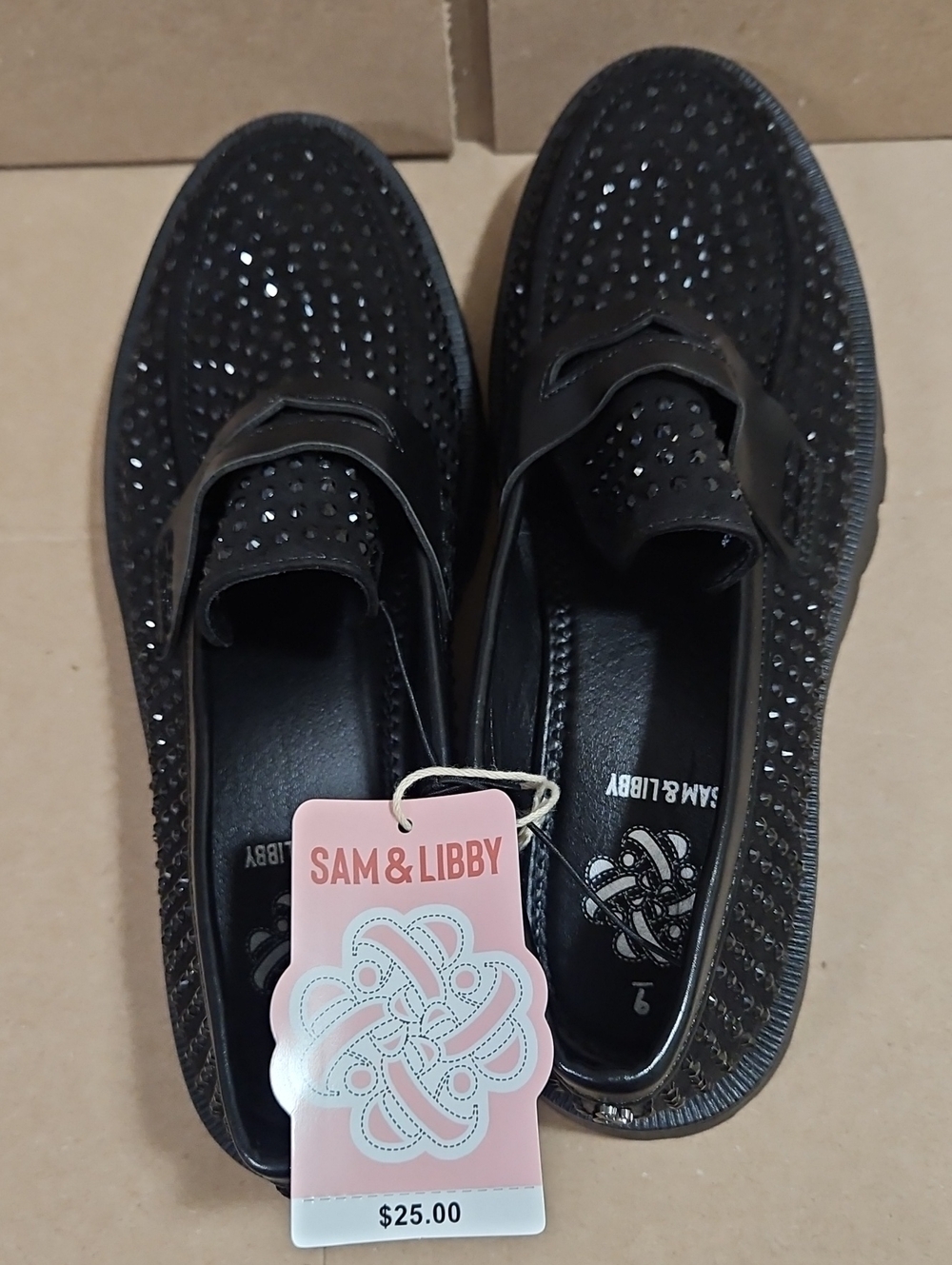Sam & Libby Black Slip-On Loafers with Crystal Accents
